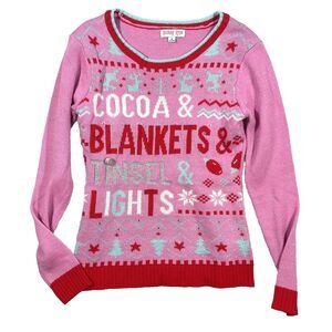 Holiday Hype Ugly Christmas Sweater Womens Large Pink Cocoa Tinsel Light Winter